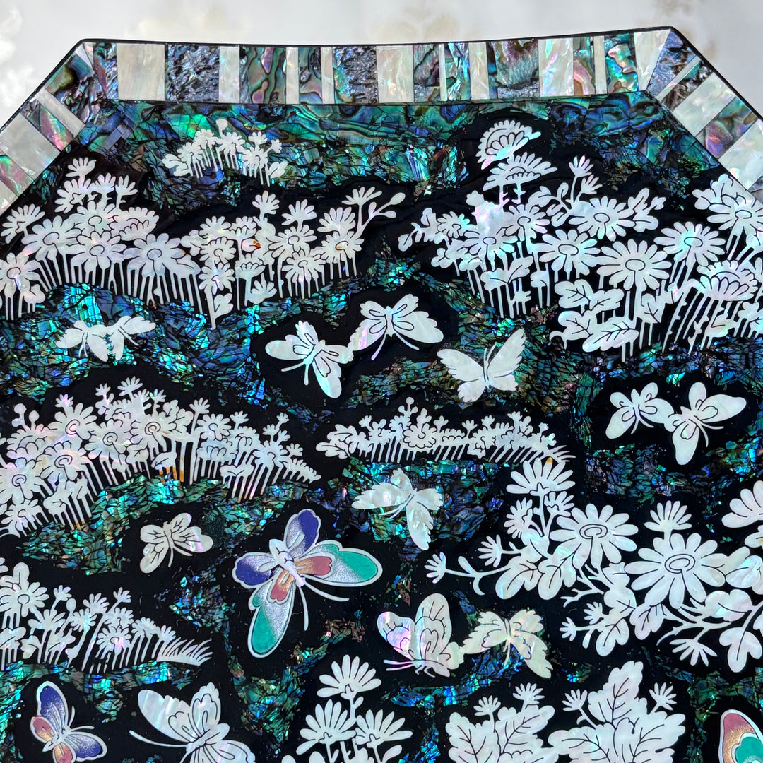 Mother of Pearl Octagonal Tray: Chrysanthemum and Butterfly on Abalone