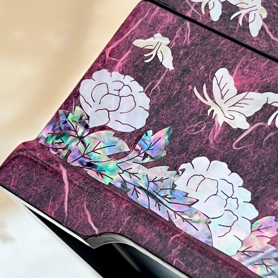 Mother of Pearl Jewelry Box: Peacock and Peony Motif on Deep Purple Hanji Body