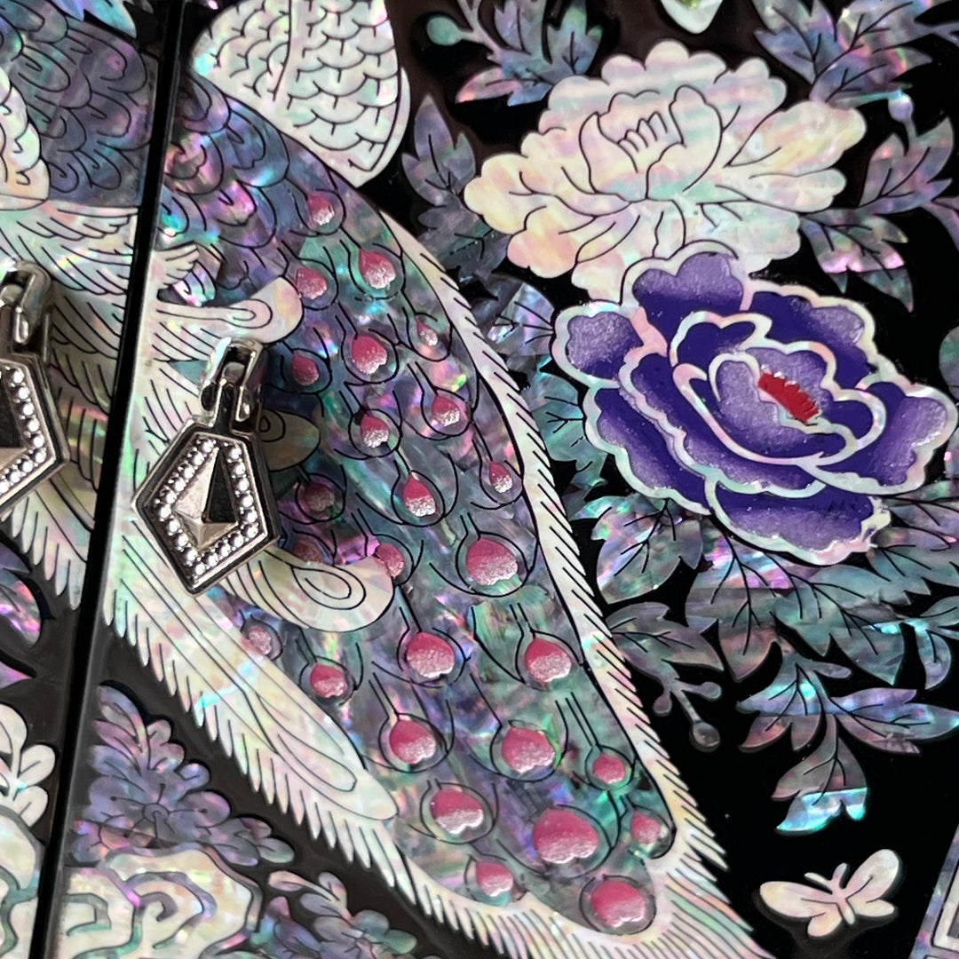 Mother-of-Pearl Double-Doored Jewelry Chest: Grand Scale, Longevity Motif on Black Ground