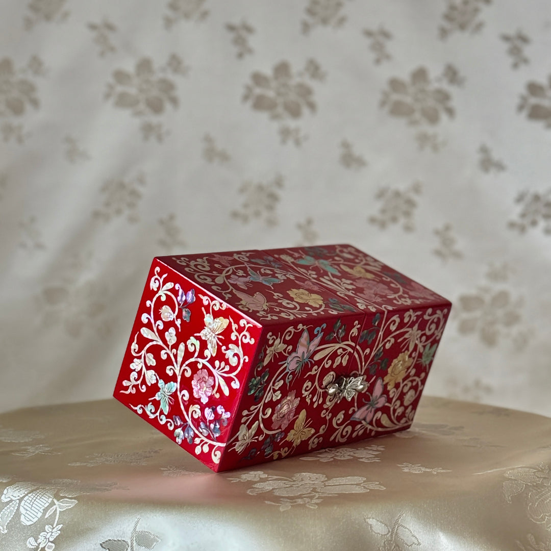 Mother-of-Pearl Double Jewelry Chest: Vivid Red Surface with Butterfly and Vine Motif