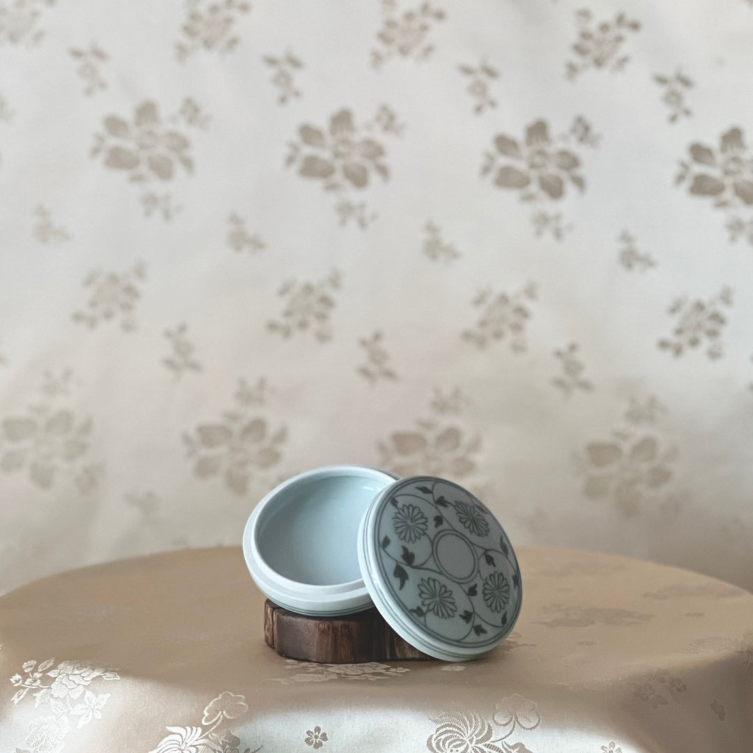 White Porcelain Covered Box: Inlaid Chrysanthemum and Scrolling Vine Motif by Master Artisan