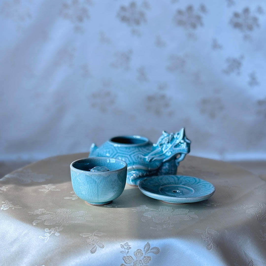 Celadon Gye-yeong Bae (Sobriety Cup): Dragon Turtle Motif by Master Artisan