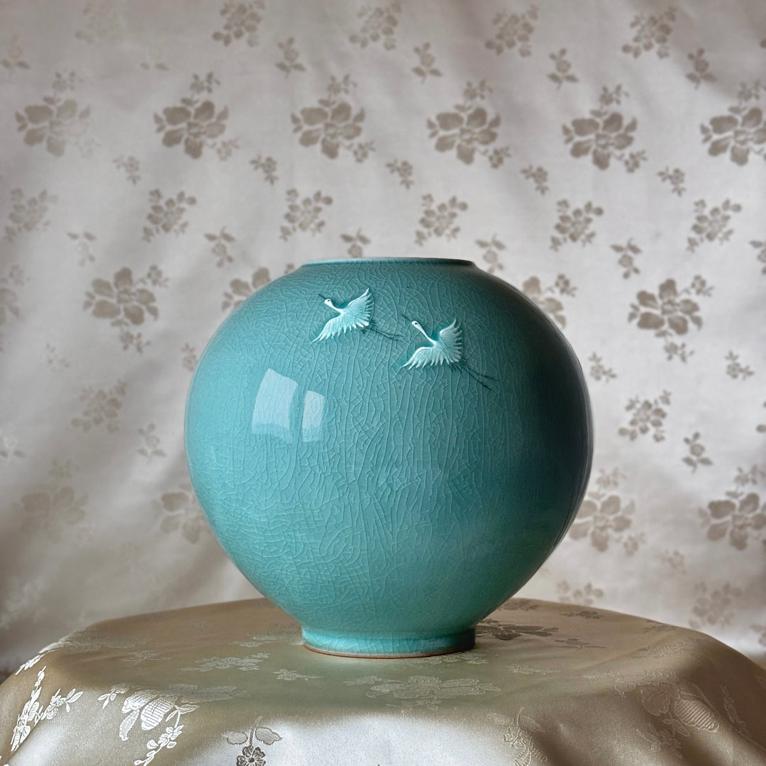 Korean Celadon Vase: Couple of Cranes in Relief Carving by Master Artisan