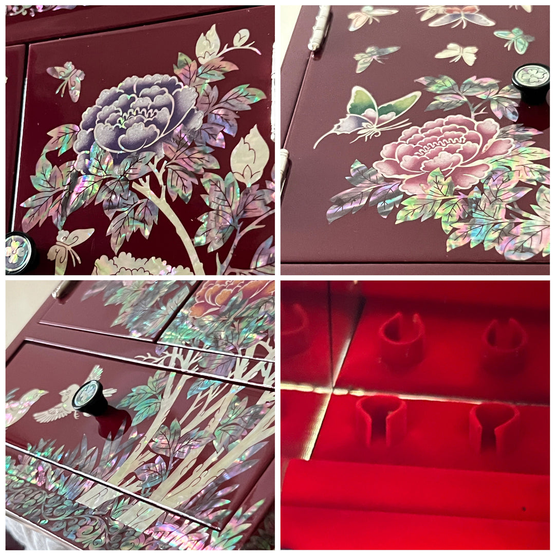Mother-of-Pearl Double-Doored Jewelry Chest: Peony, Butterfly and Bird Motif on Wine Ground