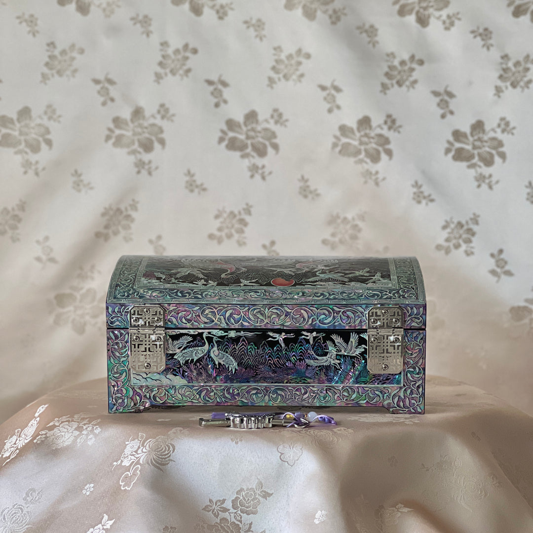 Mother-of-Pearl Jewelry Box: Auspicious Mountain Landscape with Cranes