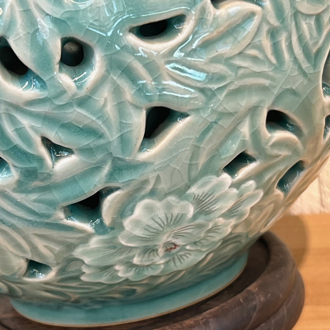 Celadon Vase: Double-Wall Openwork Design with Peony Motif by Master Artisan