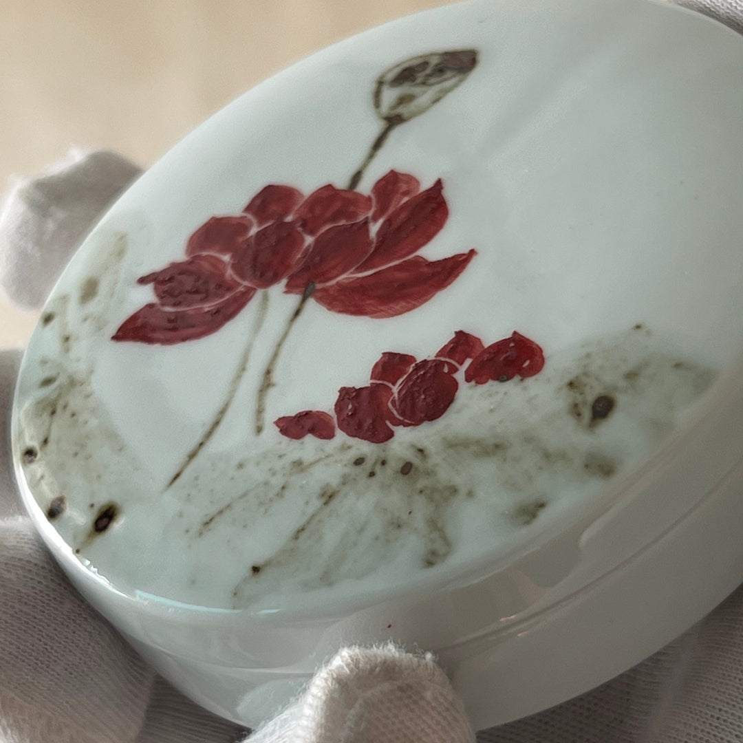 White Porcelain Covered Box: Lotus Motif by Master Artisan