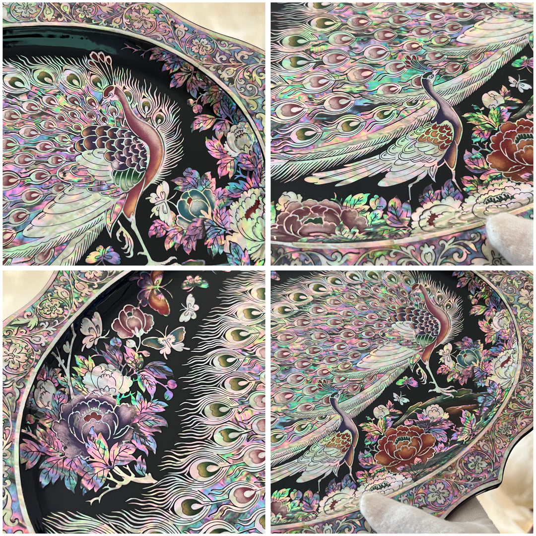 Mother of Pearl Wooden Plate with Peacock and Peony Pattern (자개 목단 공작문 접시)