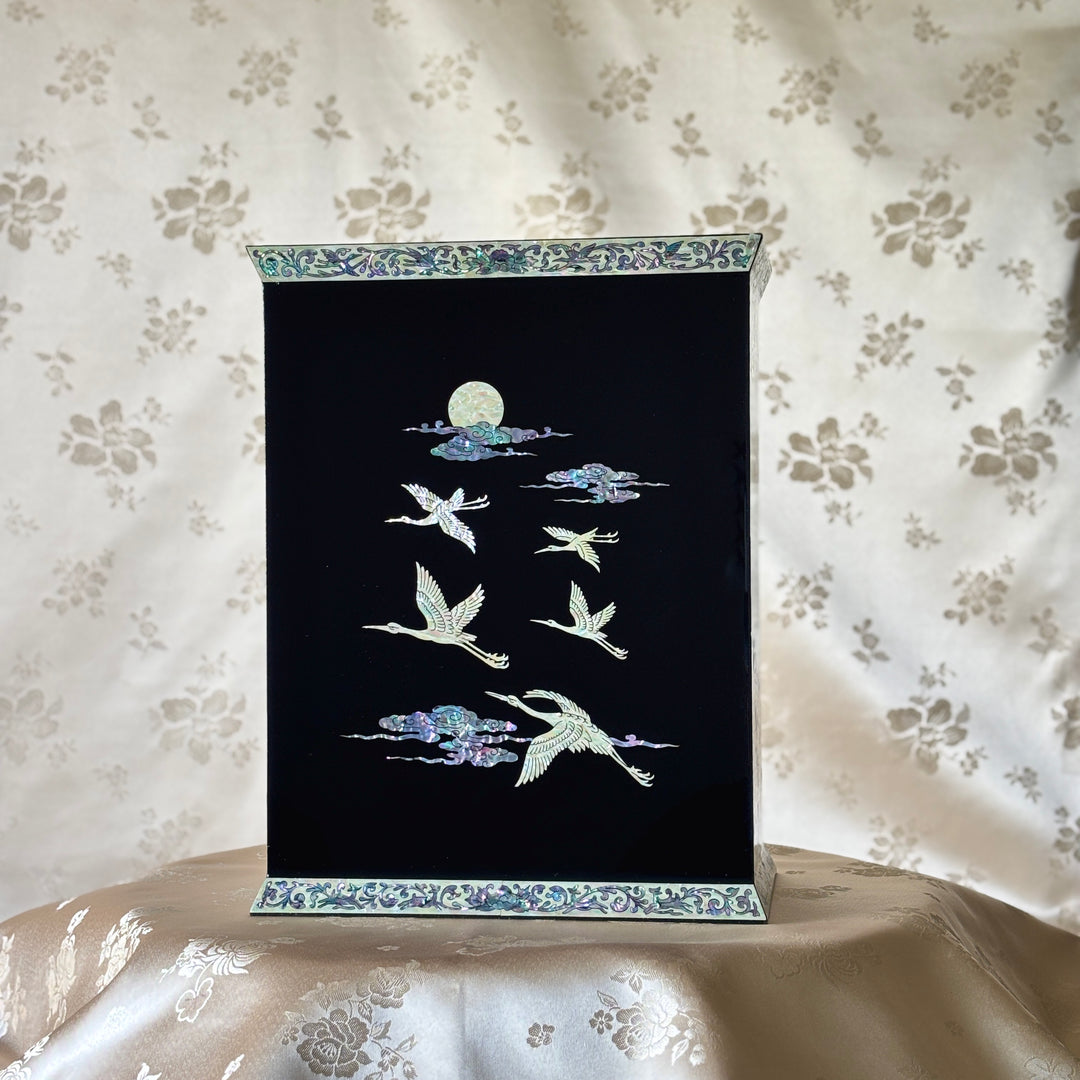 Mother-of-Pearl Double-Doored Jewelry Chest: Grand Scale, Longevity Motif on Black Ground