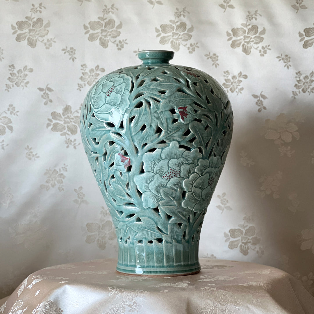 Celadon Double-Walled Openwork Vase: Sgraffito (Bakji) with Peony Motif