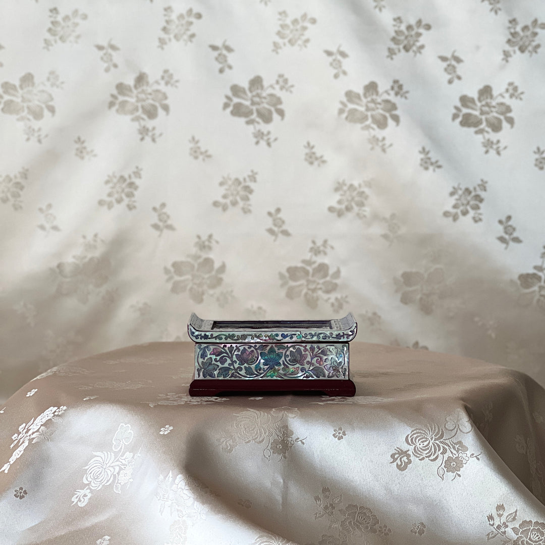 Mother-of-Pearl Lidded Box: Scholar’s Desk-Inspired Form with Crane and Pine Motif, Wine Ground