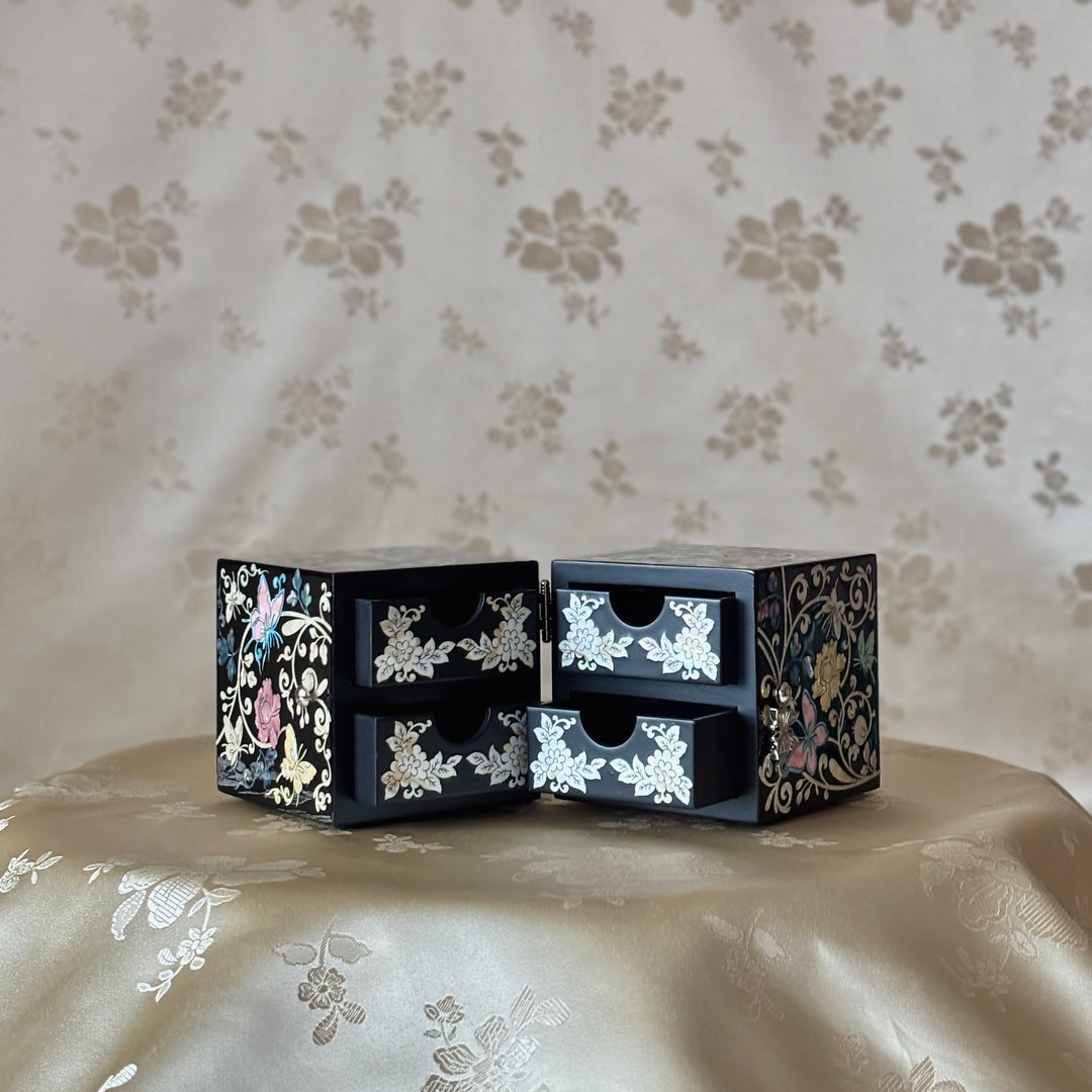 Mother-of-Pearl Double Jewelry Chest: Deep Black Finish with Butterfly and Vine Motif
