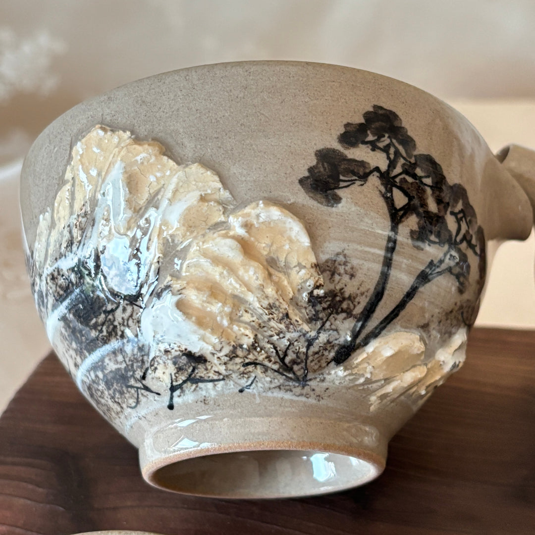 Buncheong Tea Set (Dagi): Relief-Applied Snowy Landscape Motif by Master Artisan, 5-Person Set