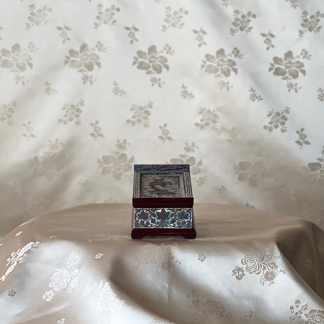Mother-of-Pearl Lidded Box: Scholar’s Desk-Inspired Form with Crane and Pine Motif, Wine Ground