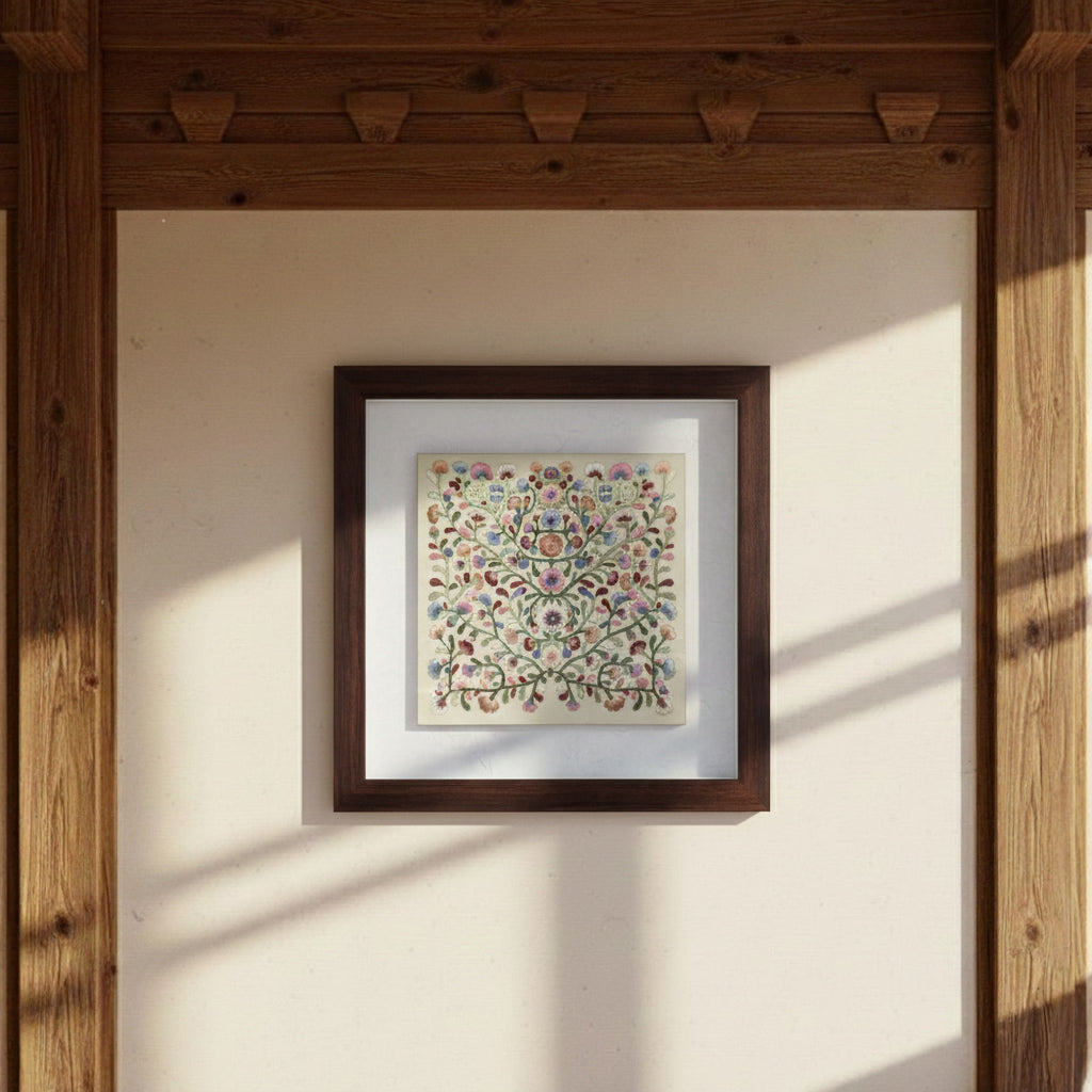 Embroidered Art Panel: Scrolling Vine (Dangcho) and Peony Motif on Beige Silk