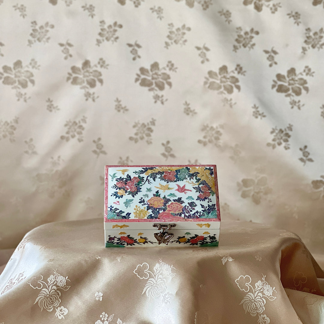 Mother-of-Pearl Jewelry Box: Peony and Bird Floral Motif on White Ground