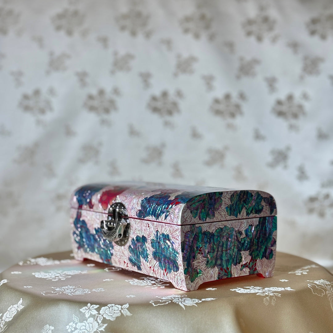 Mother of Pearl Jewelry Box: Butterfly and Peony Motif on Red Ground