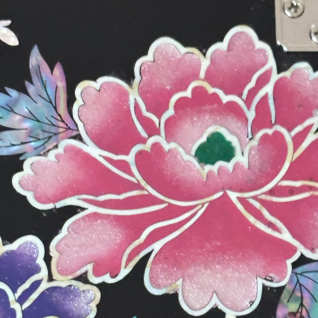 Mother of Pearl Vanity Chest with Mirror Stand: Black Body, Peony Motif