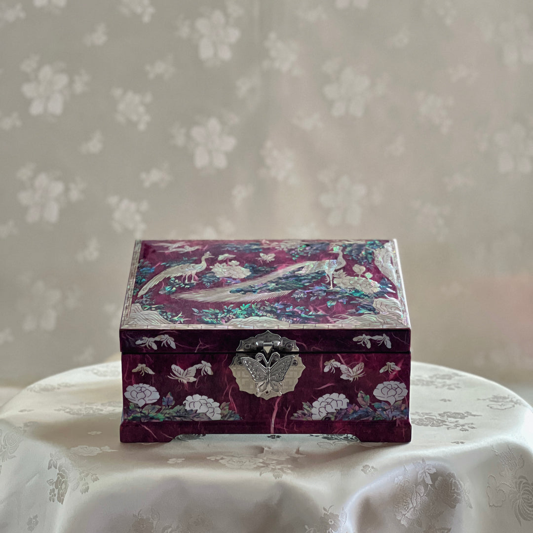 Mother of Pearl Jewelry Box: Peacock and Peony Motif on Deep Purple Hanji Body