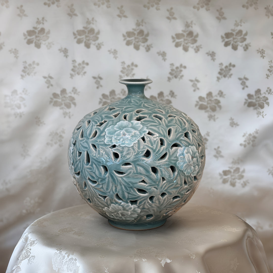 Celadon Vase: Double-Wall Openwork Design with Peony Motif by Master Artisan