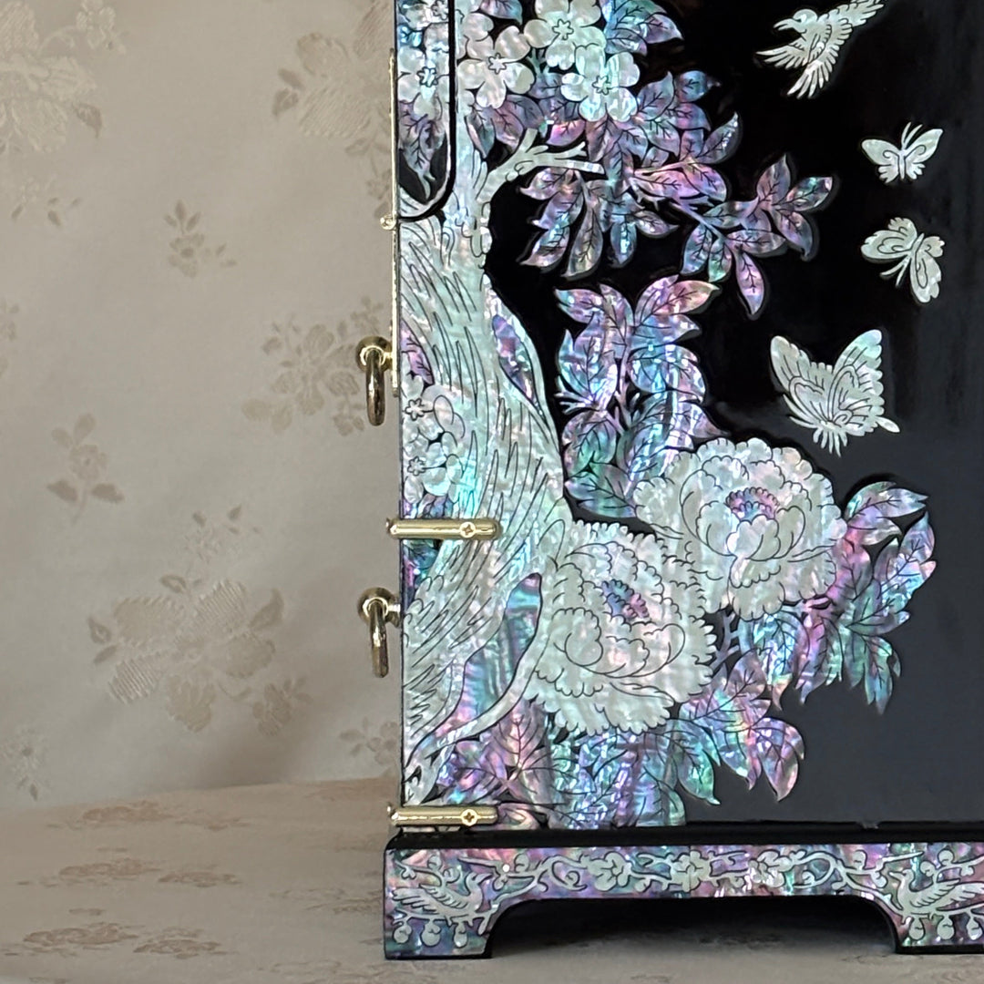 Mother of Pearl Bandaji Chest: Peacock and Peony Motif Jewelry Cabinet