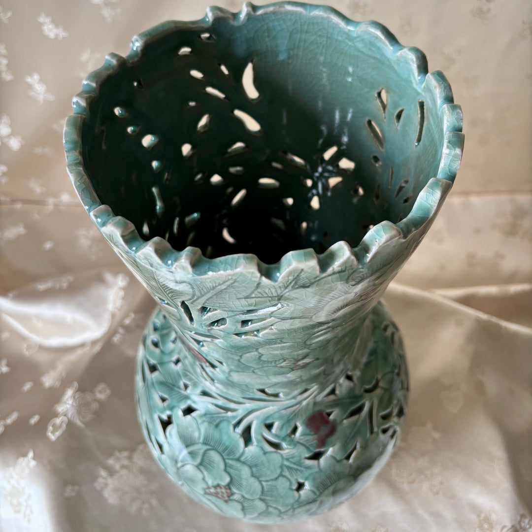Grand-Scale Celadon Openwork Long Vase: White Slip Sgraffito (Bakji) with Peony Motif