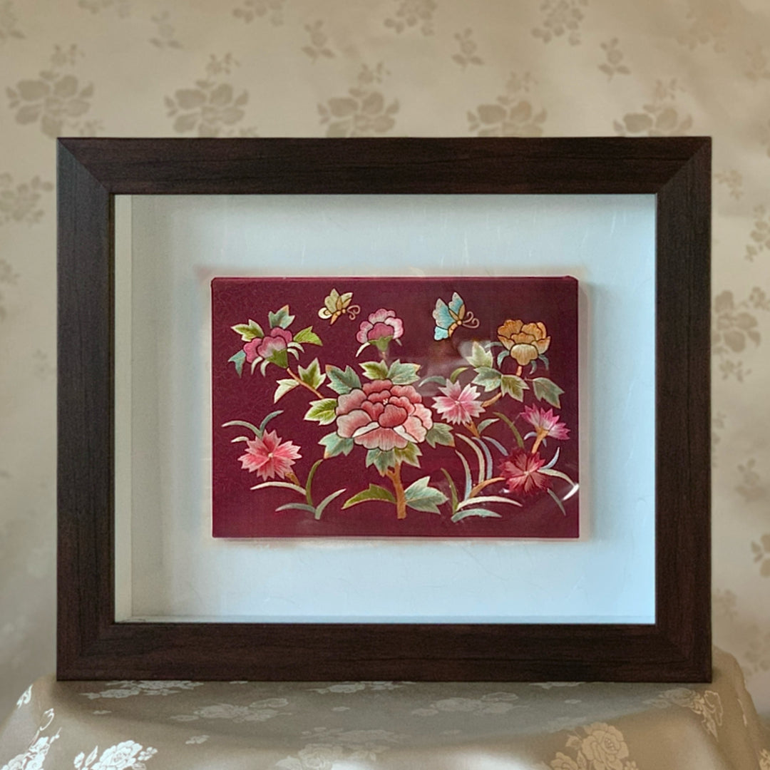 Embroidery with Peony Pattern on Wine Silk in Wooden Rectangle Frame (손자수 호접 목단문 액자)