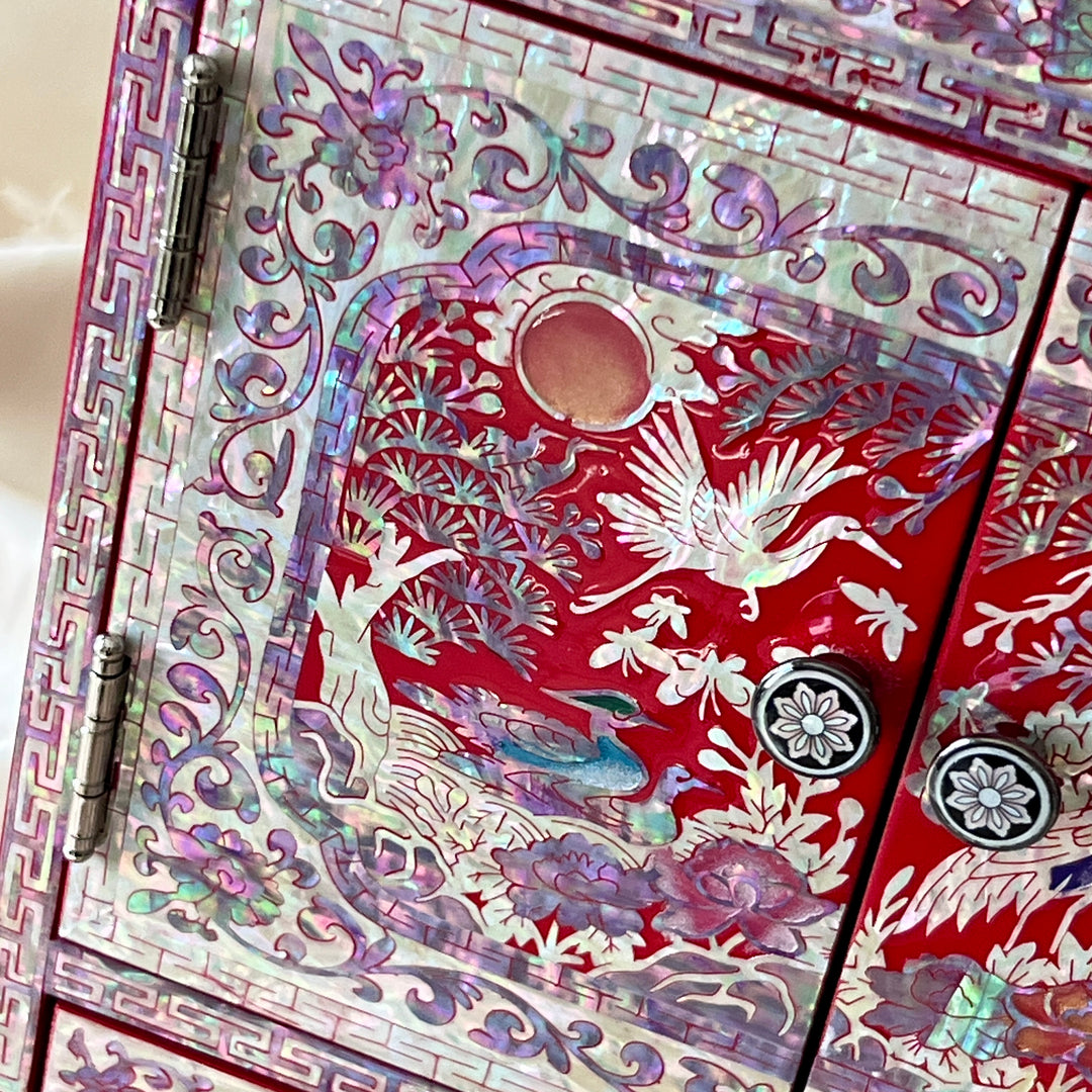 Mother-of-Pearl Double-Door Jewelry Chest: Longevity Motif, Red Ground