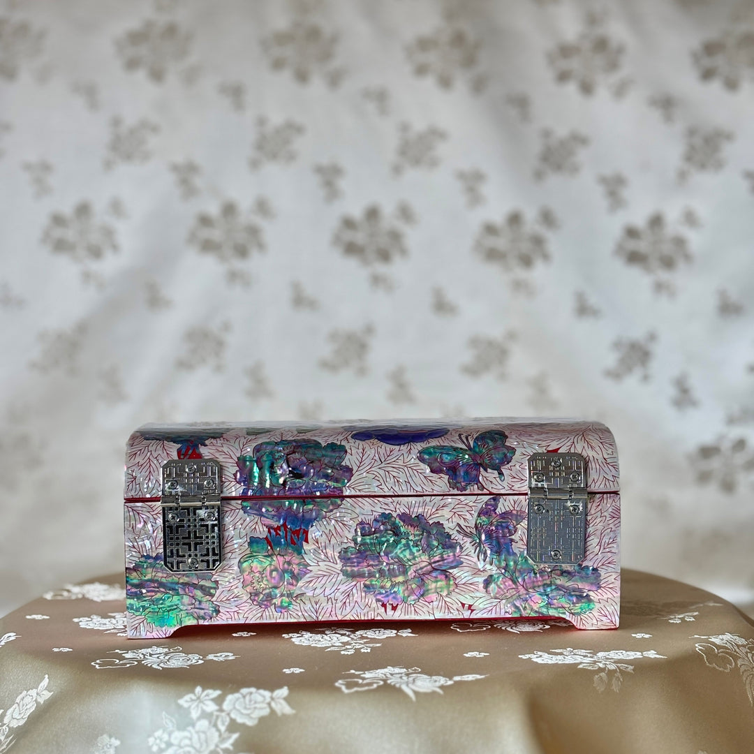 Mother of Pearl Jewelry Box: Butterfly and Peony Motif on Red Ground