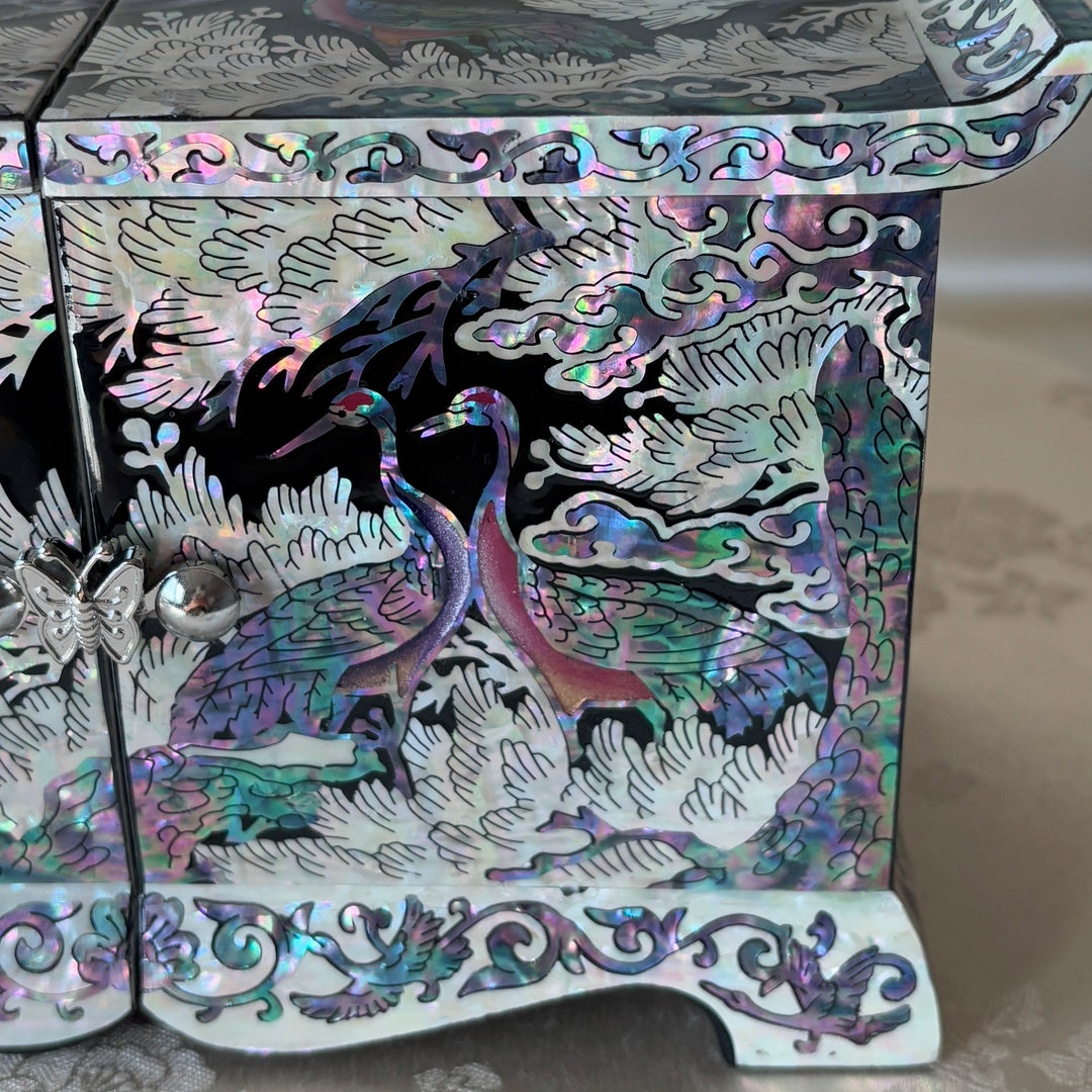Mother of Pearl Jewelry Chest Pair: Black Body with Pine and Crane Motif in Scholar’s Desk Form