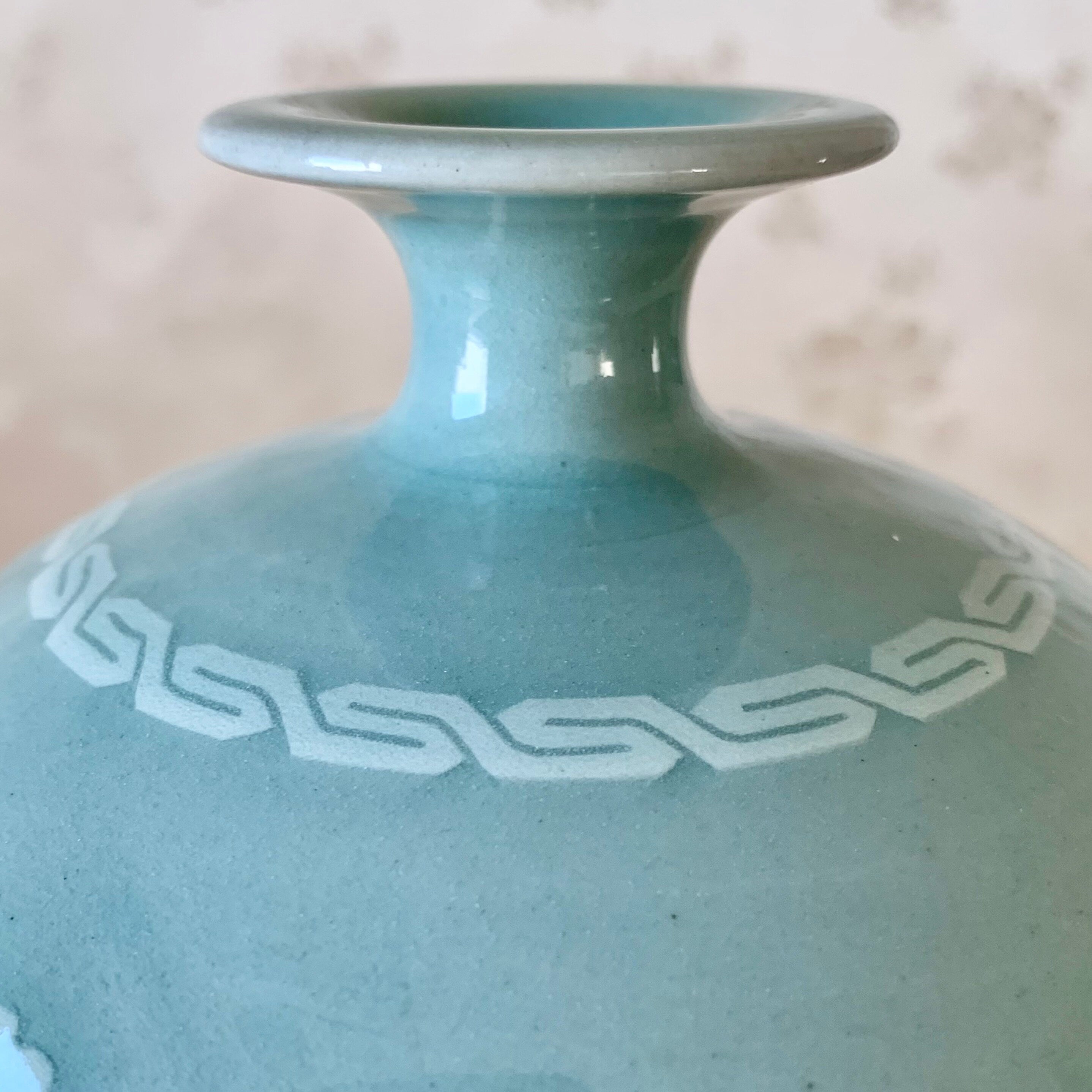 Korean Handmade Celadon Vase with Cloud and Crane Couple Pattern.