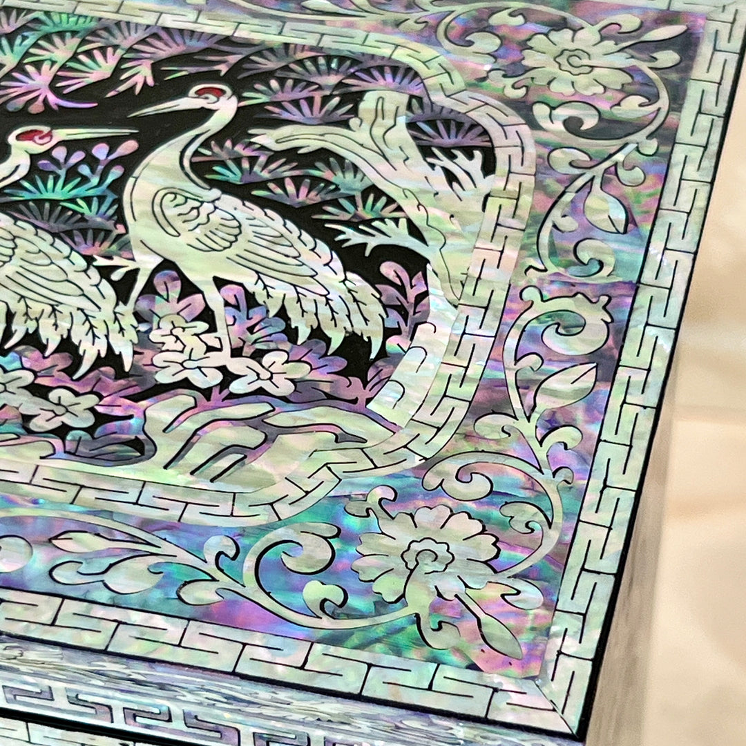 Mother-of-Pearl Double-Door Jewelry Chest: Longevity Motif, Black Ground