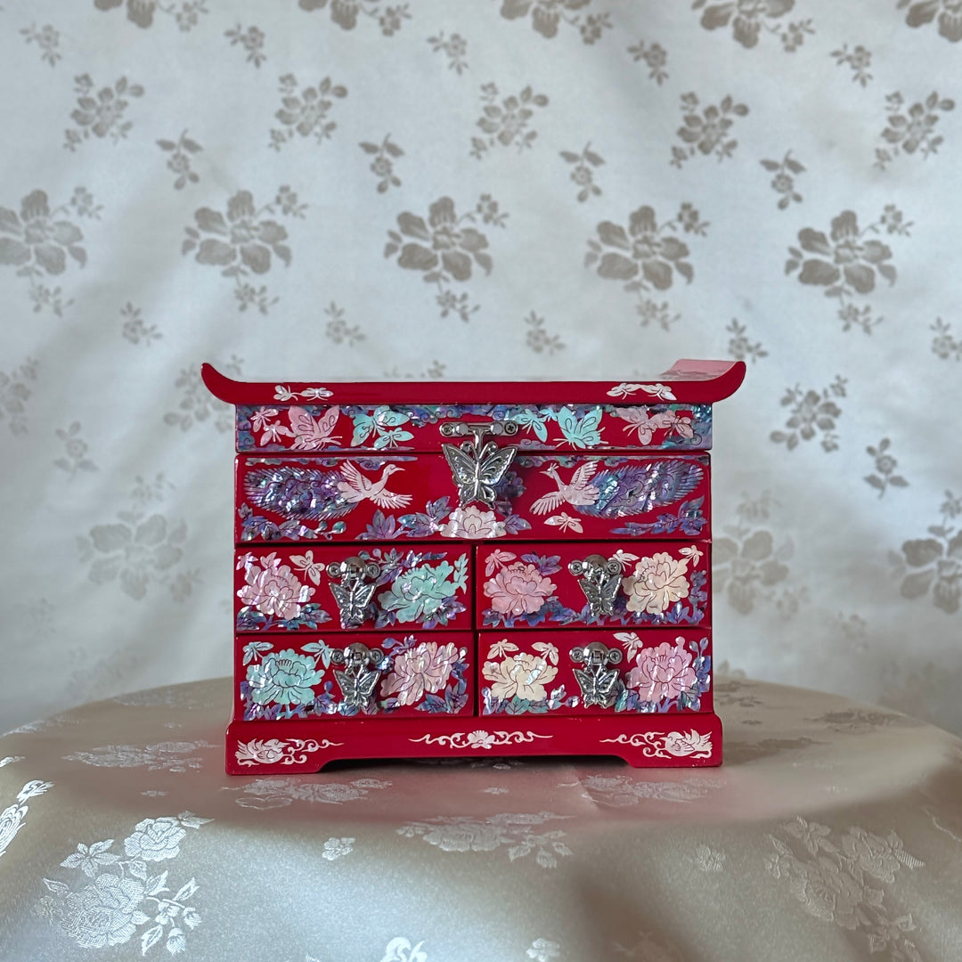 Mother-of-Pearl Jewelry Chest: Red Body with Peacock Motif in Scholar’s Desk Form