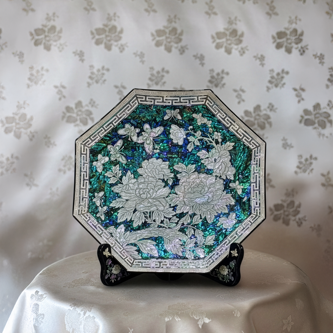 Mother of Pearl Octagonal Tray: Peony and Butterfly on Abalone