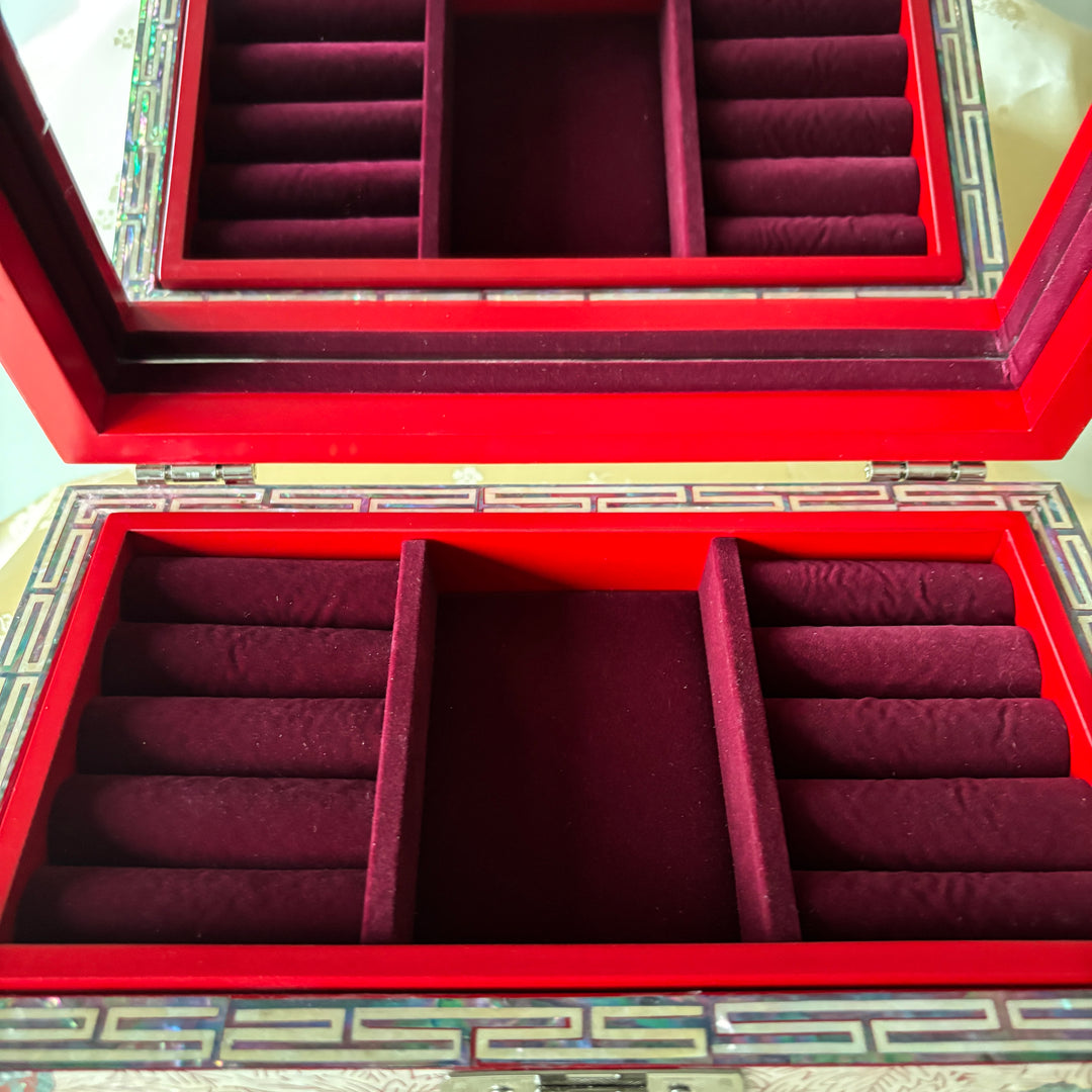 Mother of Pearl Jewelry Box: Butterfly and Peony Motif on Red Ground
