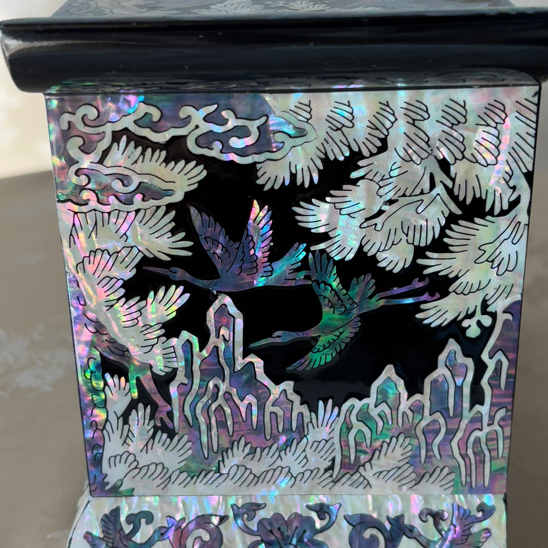 Mother of Pearl Jewelry Chest Pair: Black Body with Pine and Crane Motif in Scholar’s Desk Form
