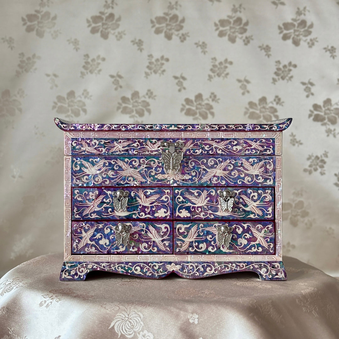 Mother of Pearl Jewelry Chest Set: Matching Pencil Holder with Pine and Crane Motif