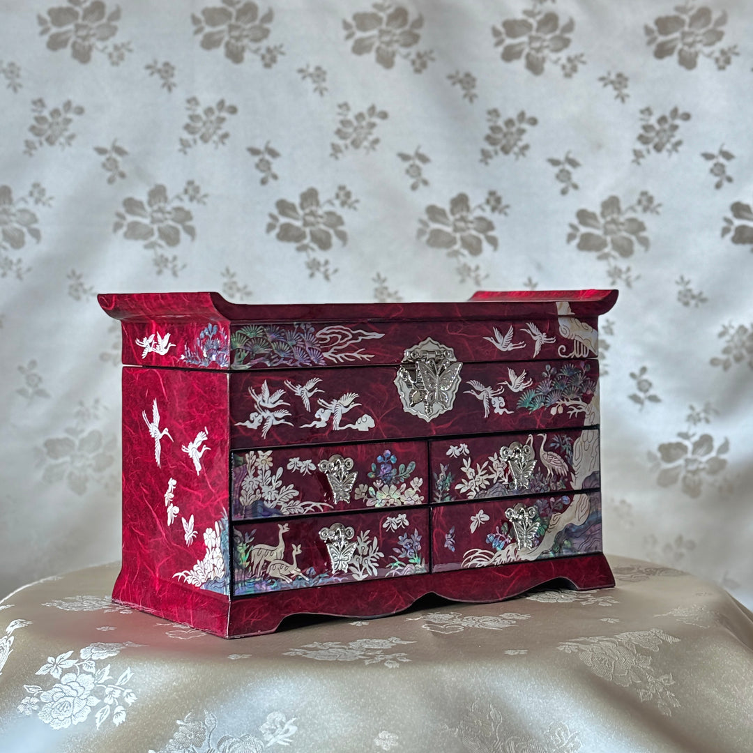 Mother-of-Pearl Jewelry Chest: Red Hanji Body with Crane-and-Pine Motif in Scholar’s Table Form