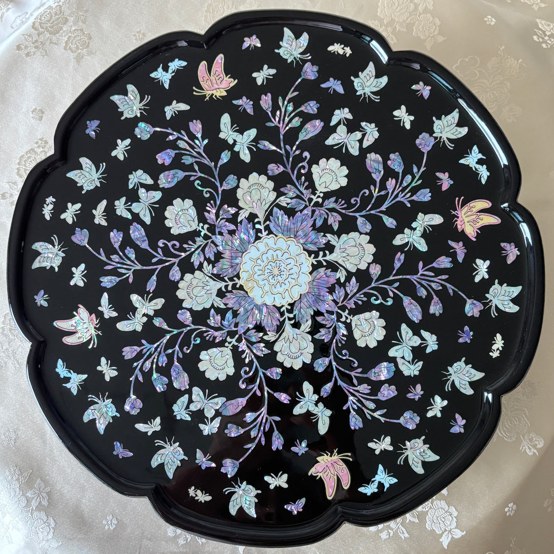 Floral-Shaped Mother-of-Pearl Tray Adorned with Butterfly and Peony Motifs