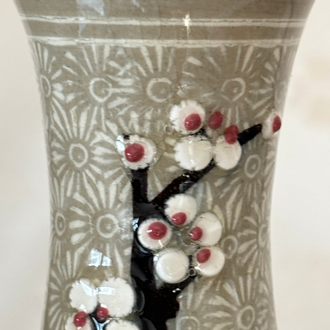 Buncheong Maebyeong and Jubyeong Vase Set: Stamped Chrysanthemum Ground with Plum Blossom Motif