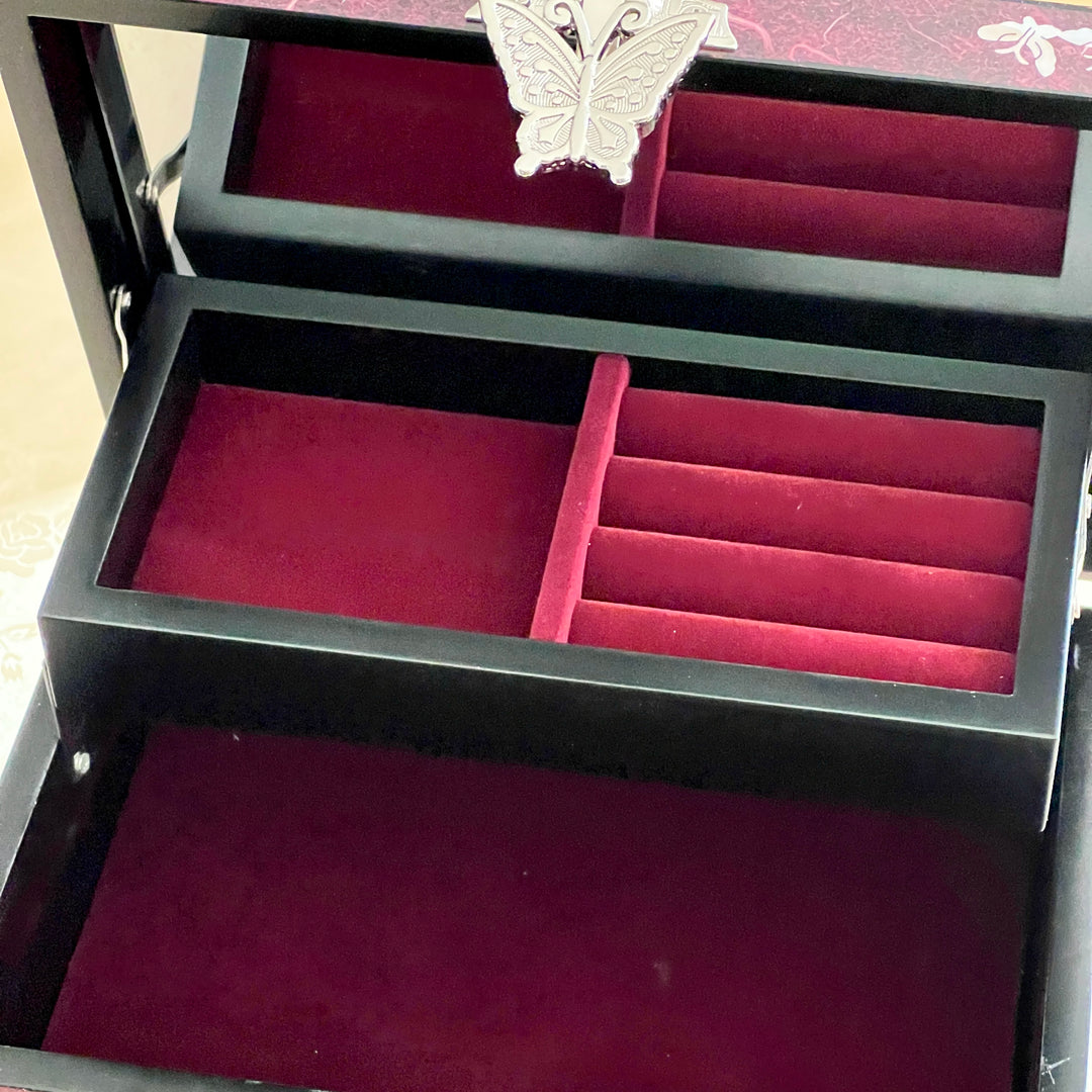 Mother of Pearl Jewelry Box: Peacock and Peony Motif on Deep Purple Hanji Body