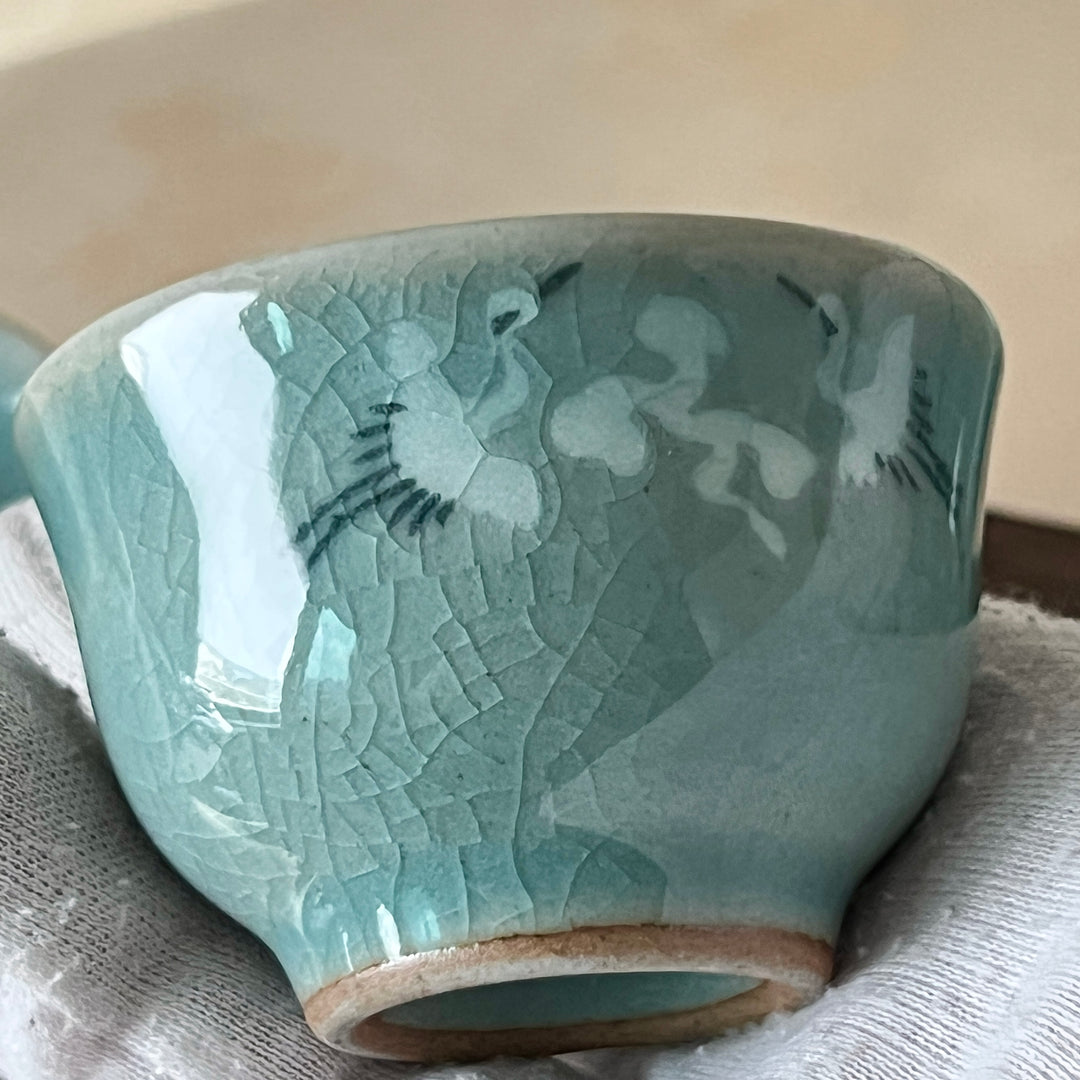Celadon Tea Set (Dagi): Inlaid Crane and Cloud Motif, 2-Person Set, Round Shape