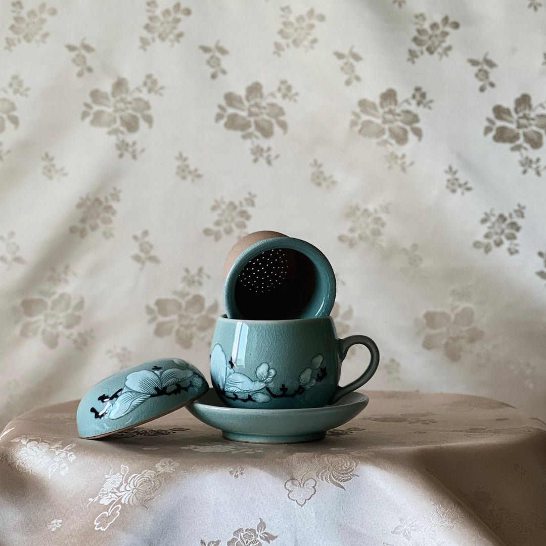 Celadon Tea Cup: Embossed Magnolia Motif