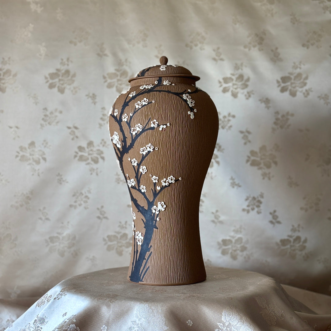 Unglazed Ceramic Maebyeong Jar with Lid: Inlaid Plum Blossom Branches