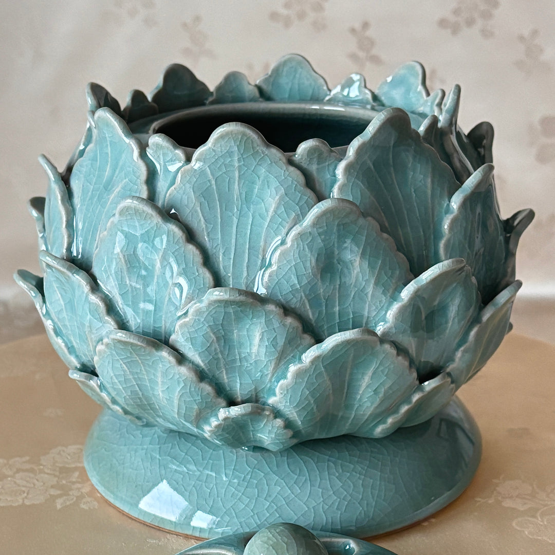 Celadon Incense Burner: Grand Scale with Lotus Motif and Openwork Lid