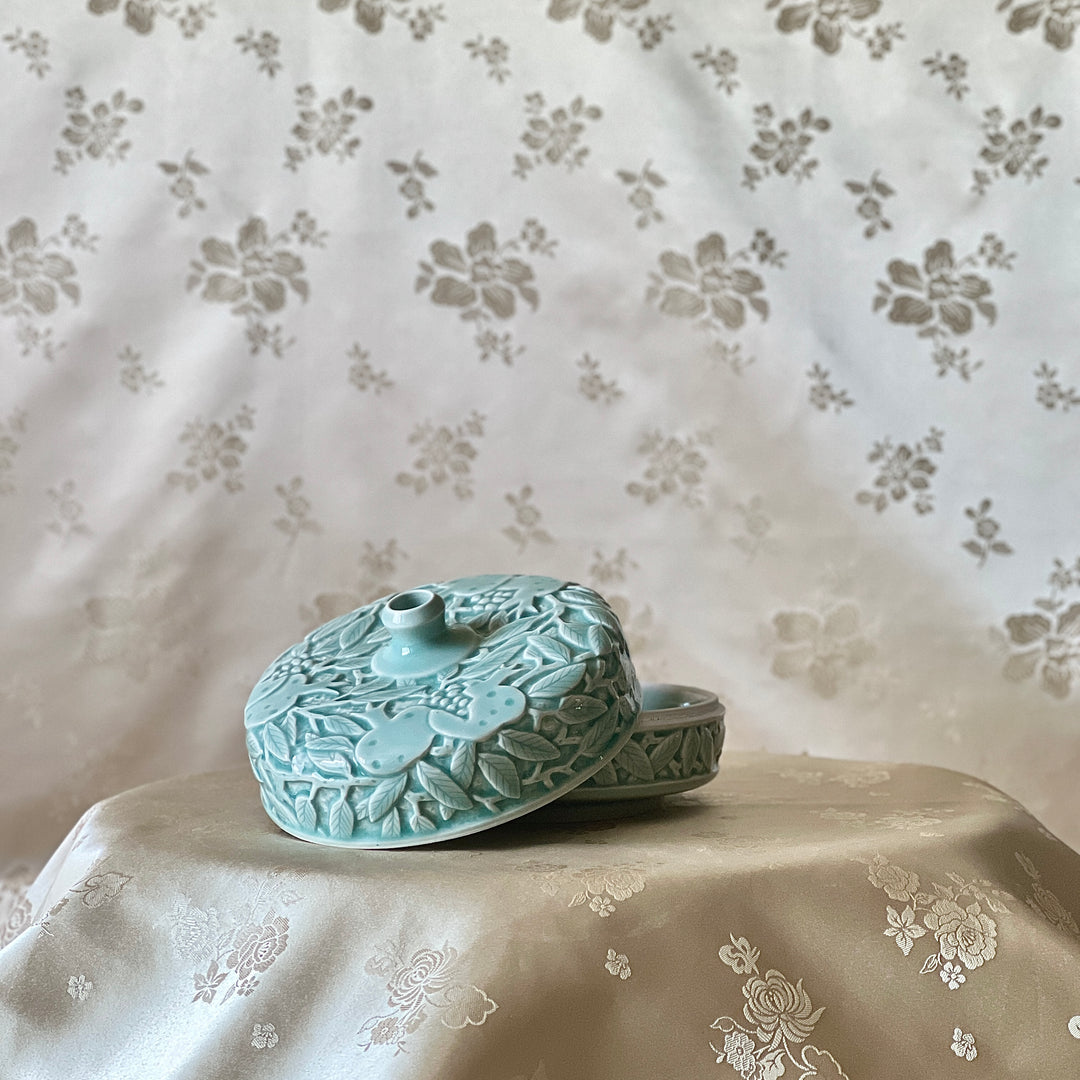 Celadon-Glazed Porcelain Covered Box and Single-Stem Vase: Pomegranate Motif