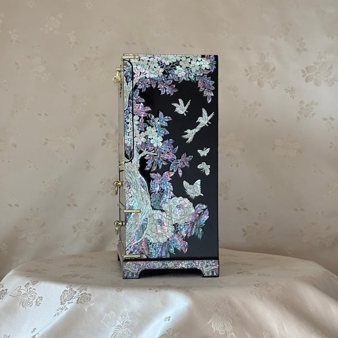 Mother of Pearl Bandaji Chest: Peacock and Peony Motif Jewelry Cabinet