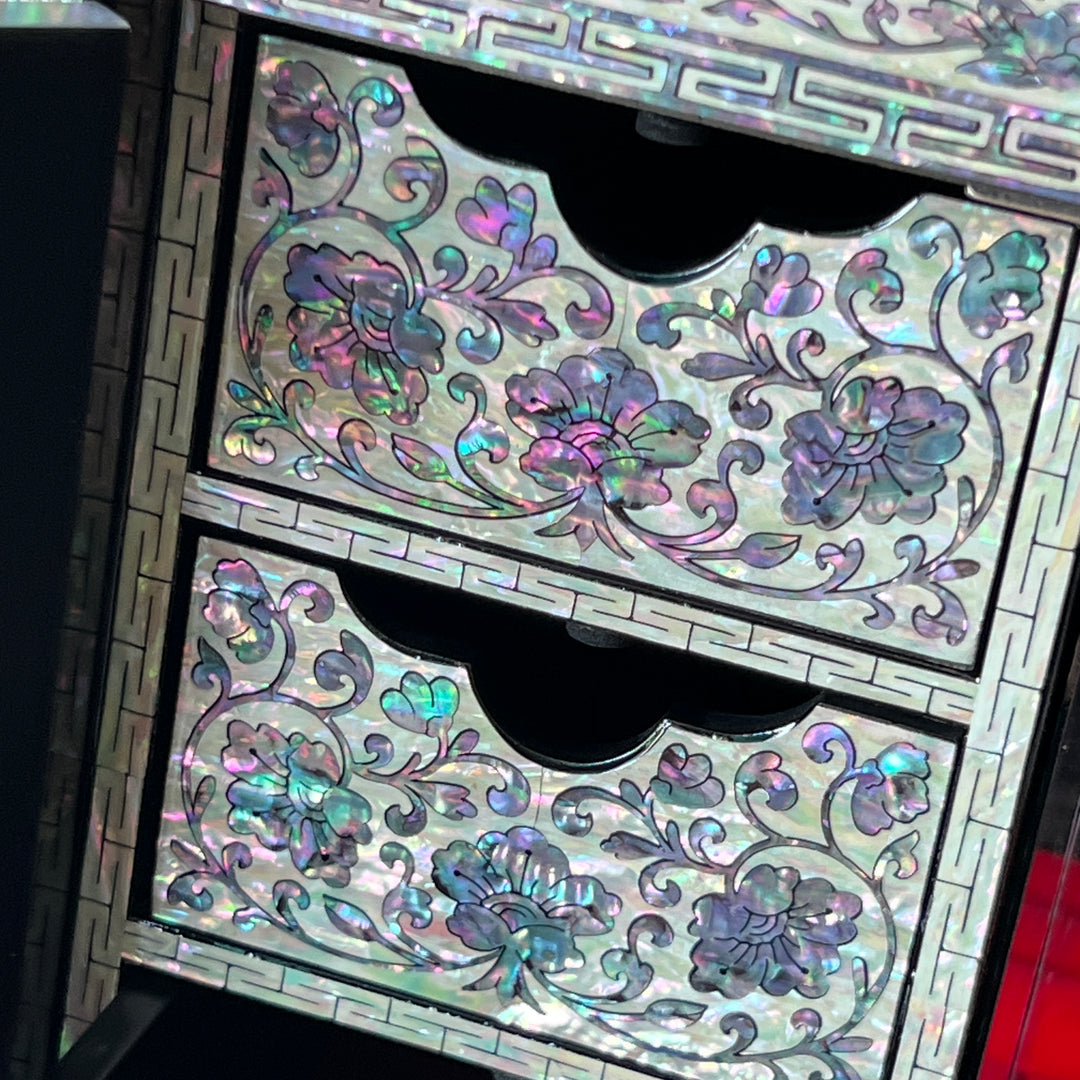 Mother-of-Pearl Double-Doored Jewelry Chest: Grand Scale, Longevity Motif on Black Ground