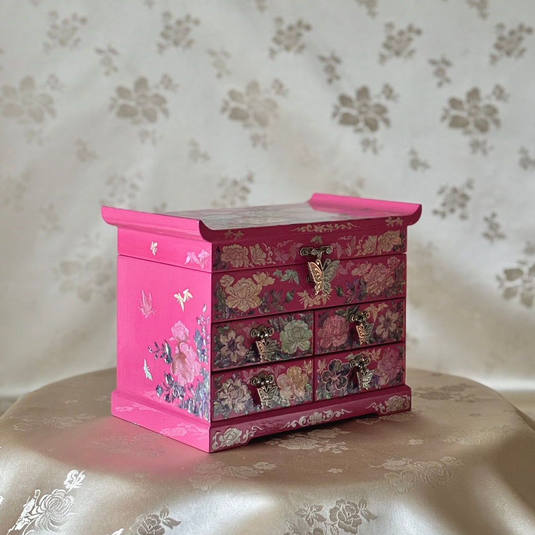 Mother of Pearl Jewelry Chest: Pink Ground, Peony Motif in Scholar’s Desk Form