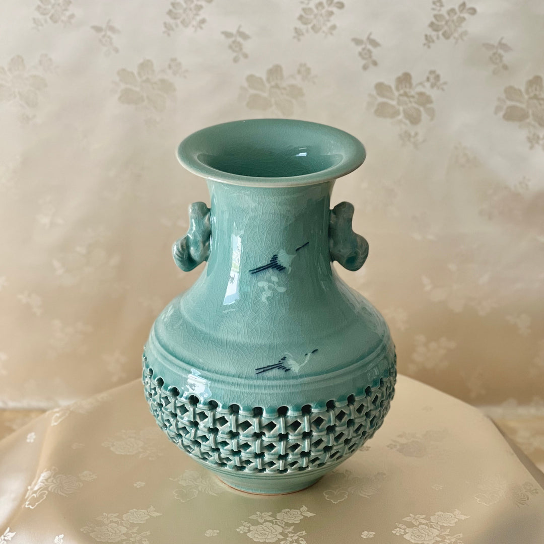 Celadon Double Wall Openwork Middle Size Vase with Inlaid Cranes and Clouds Pattern (청자 상감 운학문 이중투각 병)